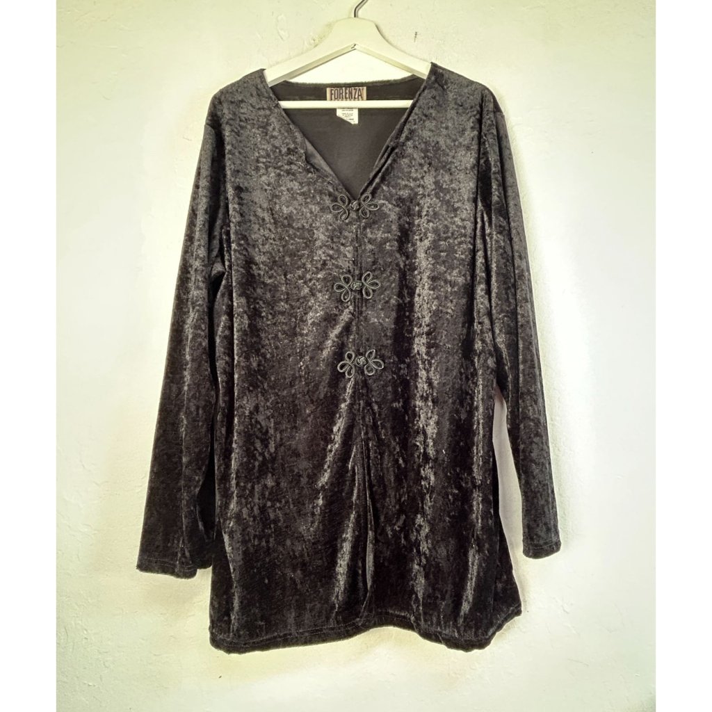 Forenza Womens Black Crushed Velvet Long Sleeve Tunic Top Xl Chinese Knot Button